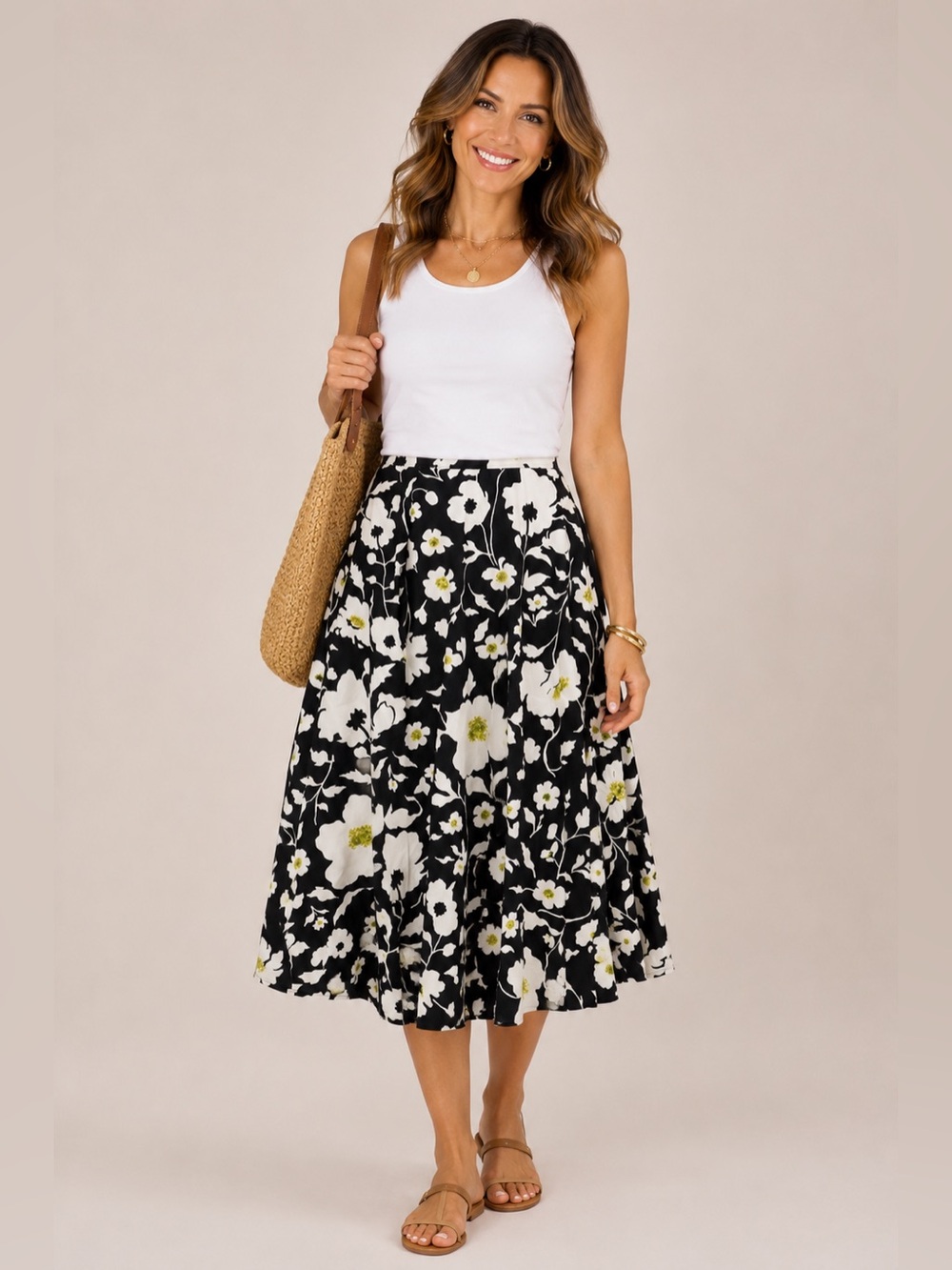 Chico’s Floral Beaded Midi A-Line Skirt Black White Green Size 0 (US 4)